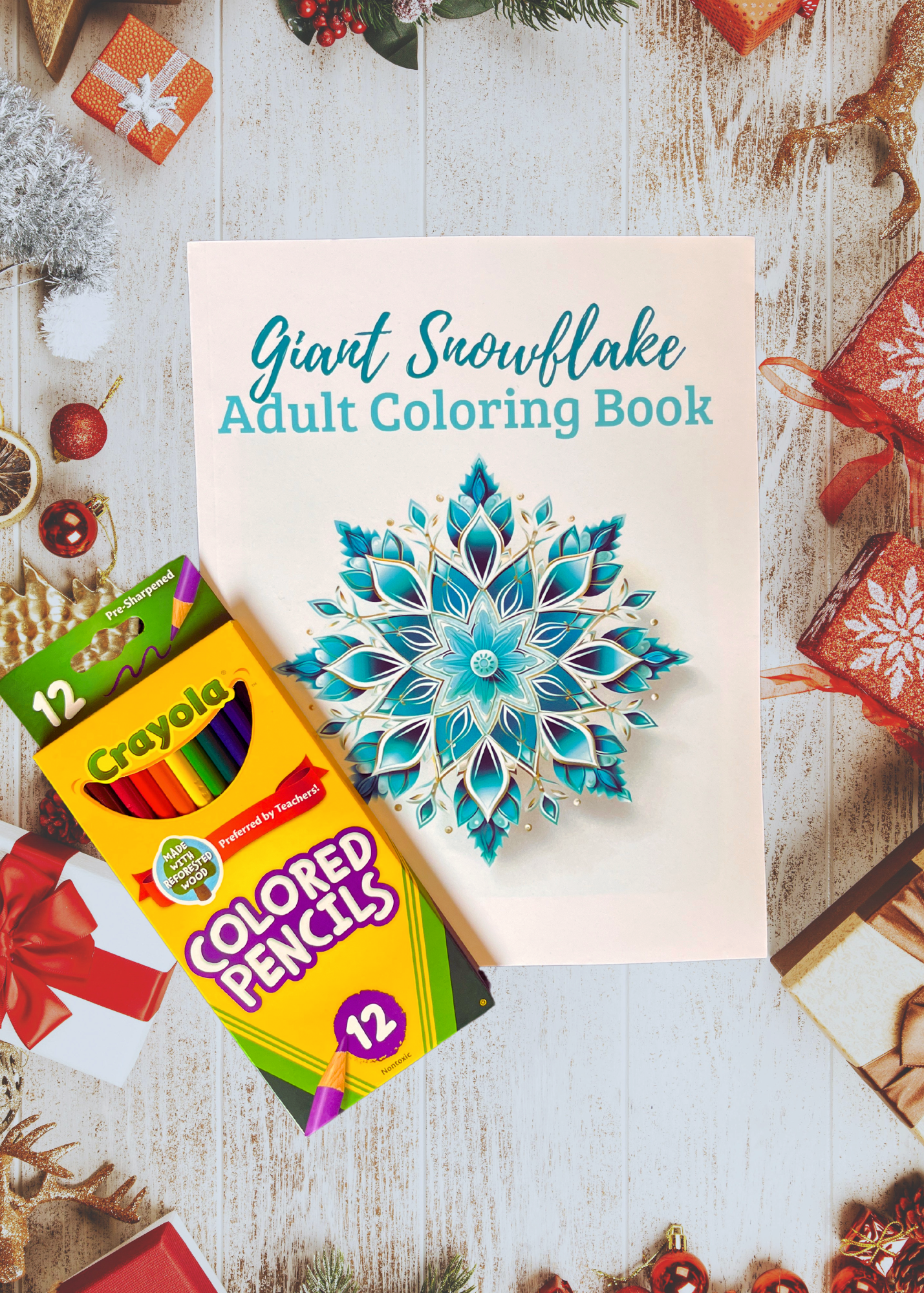 Snowflake Adult Coloring Book +Colored Pencils Gift Box