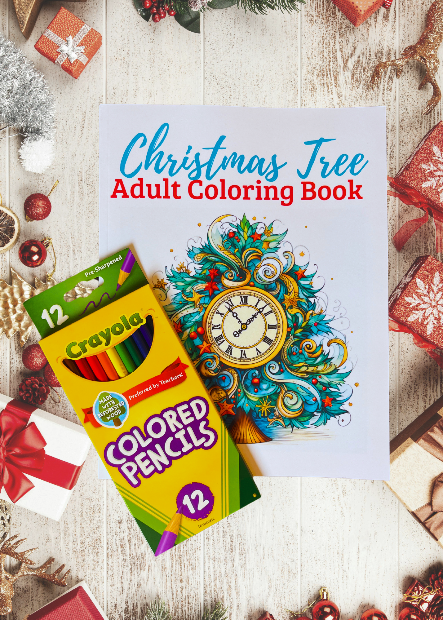 Christmas Tree Adult Coloring Book + Colored Pencils Gift Box